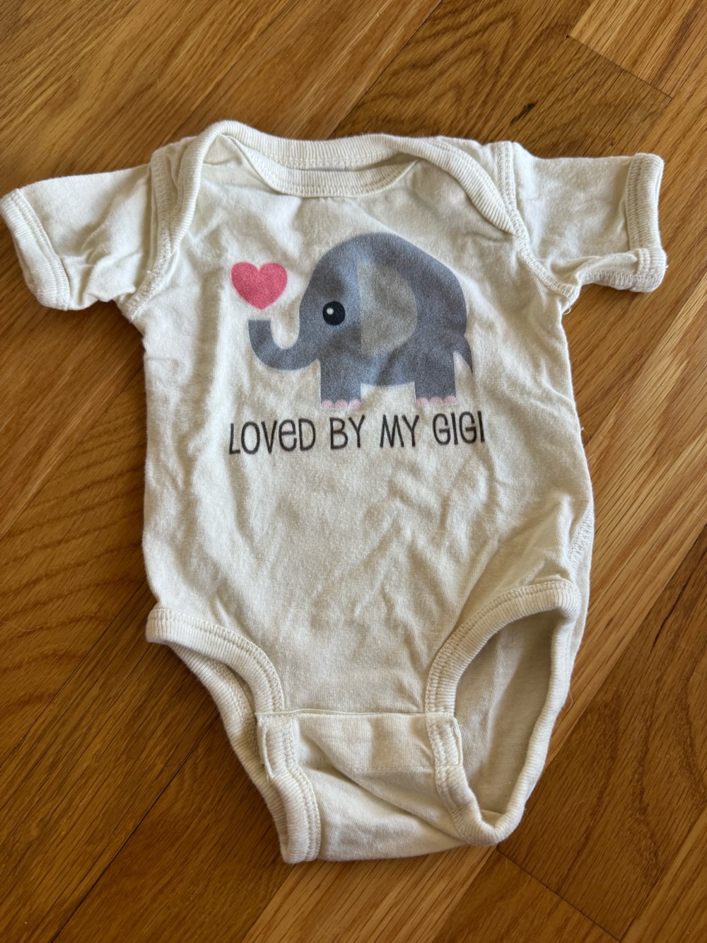 Rabbit Skins Cream Bodysuit with Gray Elephant and Pink Heart Graphic
